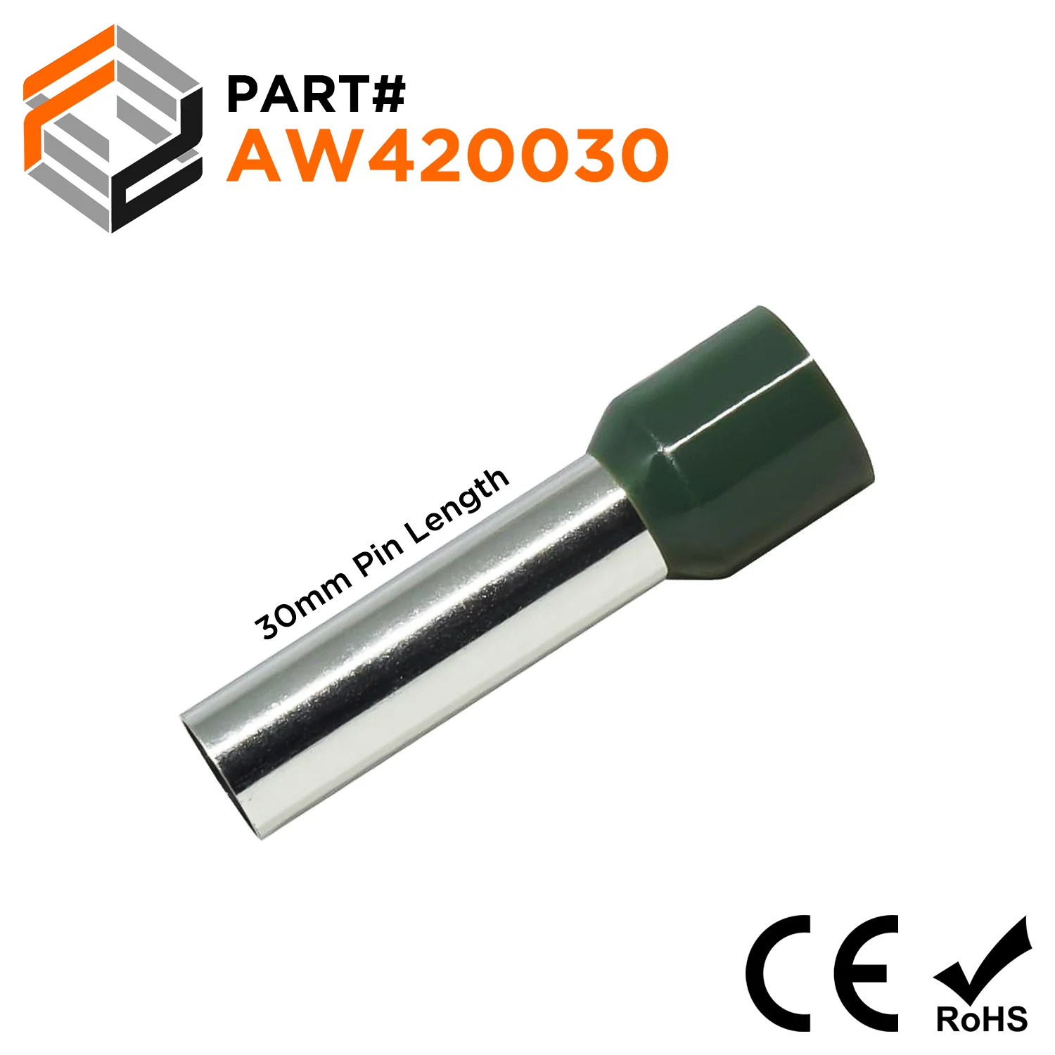 AW420030 - 1 AWG (Small Diameter) Insulated Wire Ferrules, 30mm Pin, Olive Green, 50 Pieces