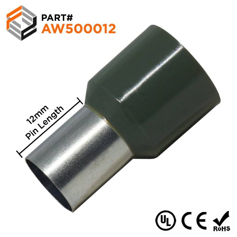 AW500012 - 1 AWG Single Insulated Wire Ferrules, 12mm Pin, Olive Green, UL Recognized, 50 Pieces
