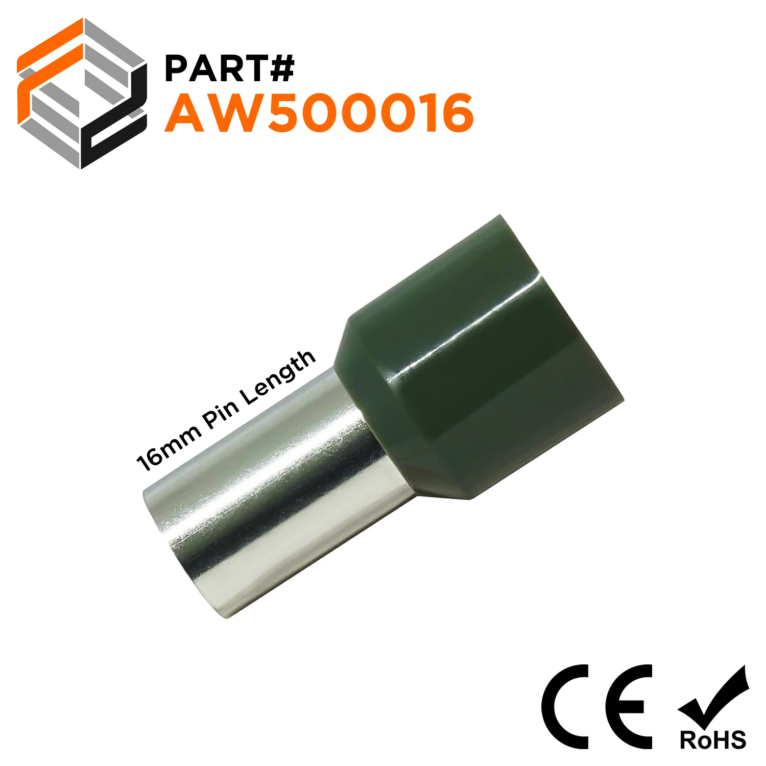 AW500016 - 1 AWG Single Insulated Wire Ferrules, 16mm Pin, Olive Green, 50 Pieces