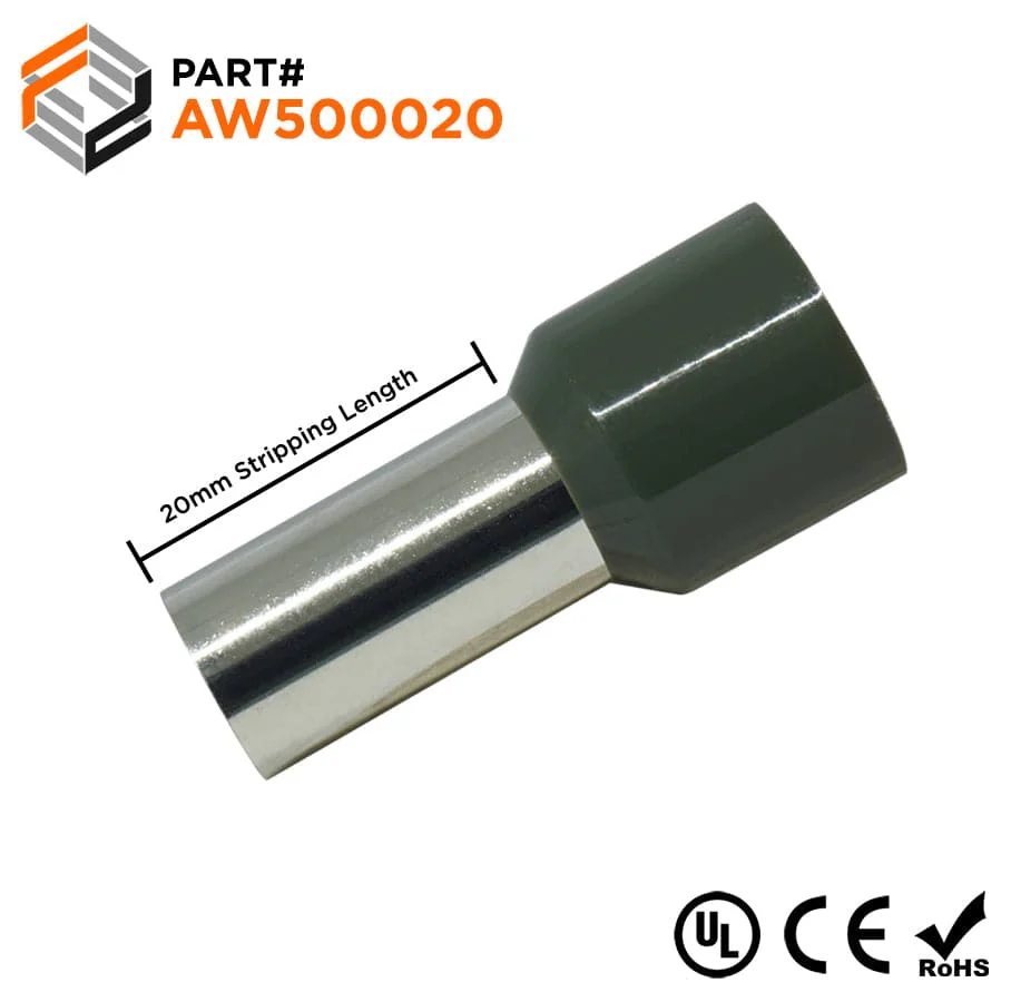 AW500020 - 1 AWG Single Insulated Wire Ferrules, 20mm Pin, Olive Green, UL Recognized, 50 Pieces