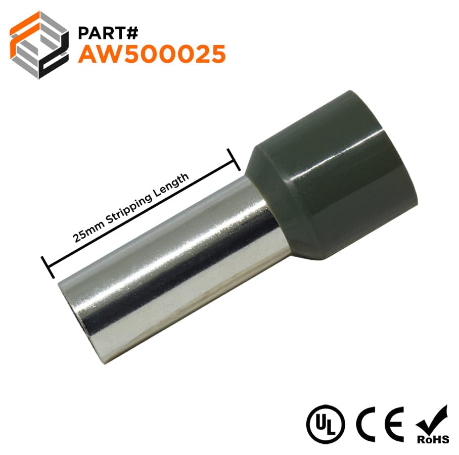 AW500025 - 1 AWG Single Insulated Wire Ferrules, 25mm Pin, Olive Green, UL Recognized, 50 Pieces