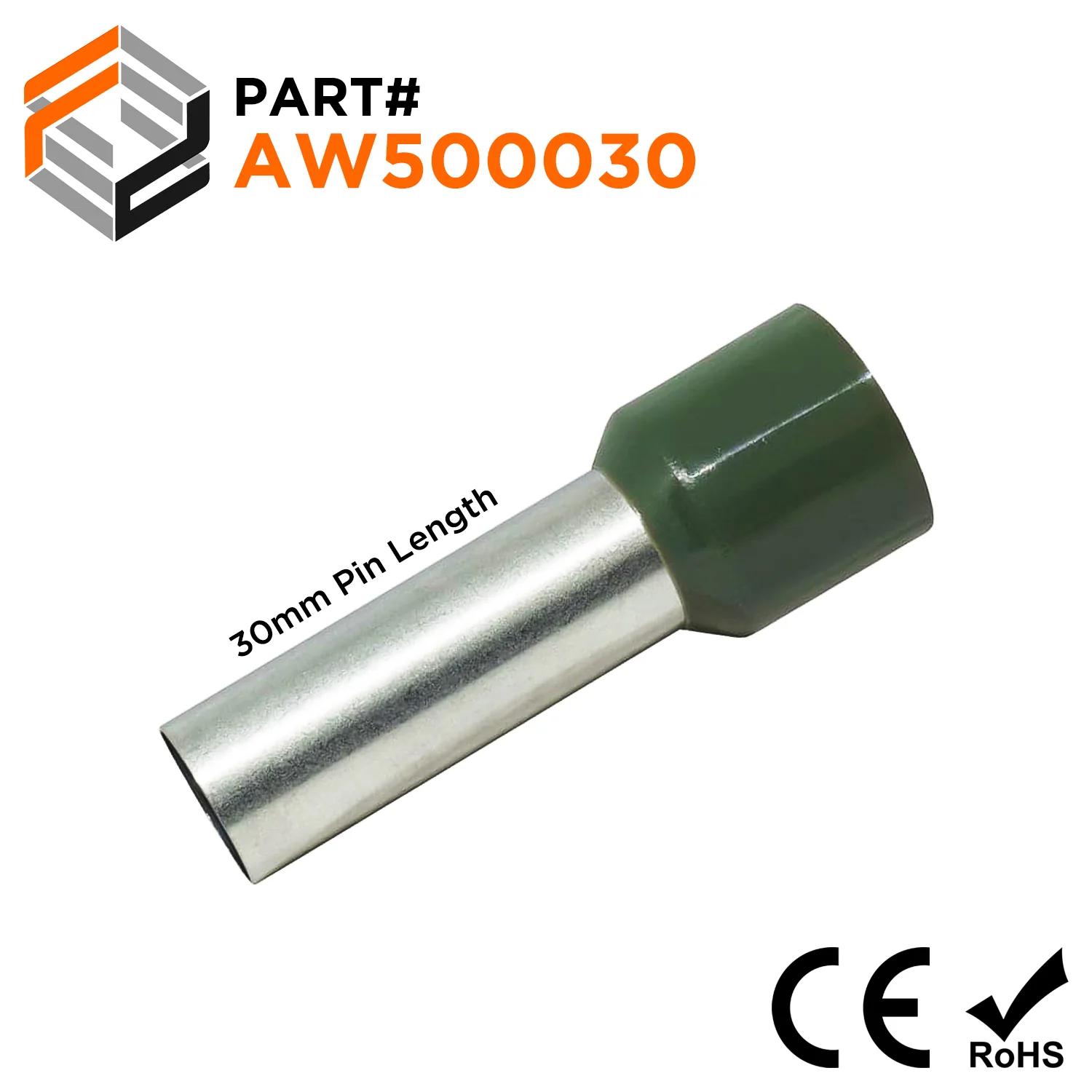 AW500030 - 1 AWG Single Insulated Wire Ferrules, 30mm Pin, Olive Green, 50 Pieces