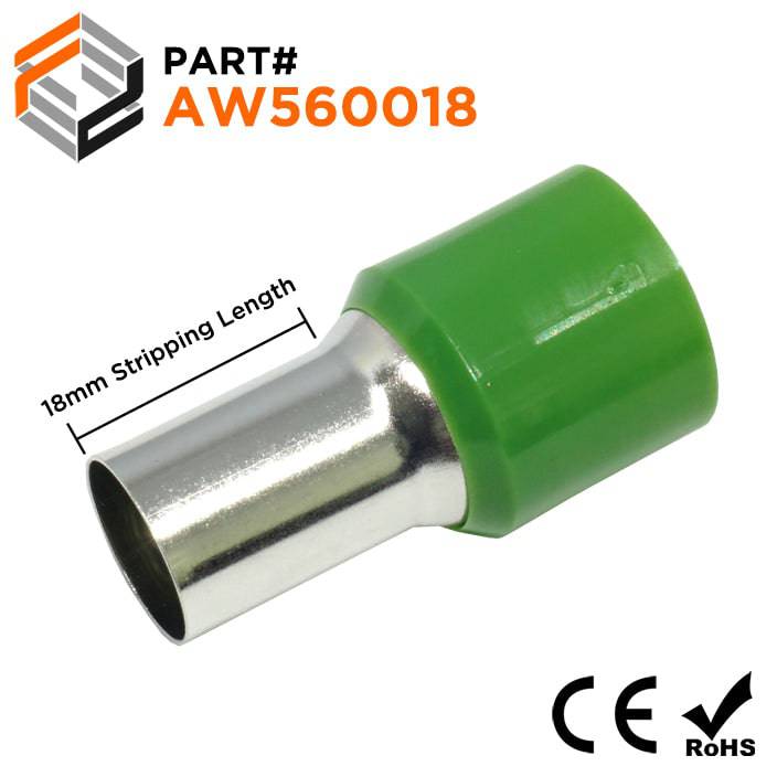AW560018 - 0 & 1/0 AWG Single Insulated Wire Ferrules, 18mm Pin, Olive Green, 25 Pieces