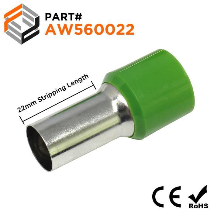 AW560022 - 0 & 1/0 AWG Single Insulated Wire Ferrules, 22mm Pin, Olive Green, 25 Pieces
