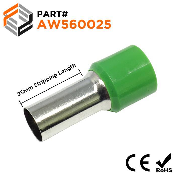 AW560025 - 0 & 1/0 AWG Single Insulated Wire Ferrules, 25mm Pin, Olive Green, 25 Pieces