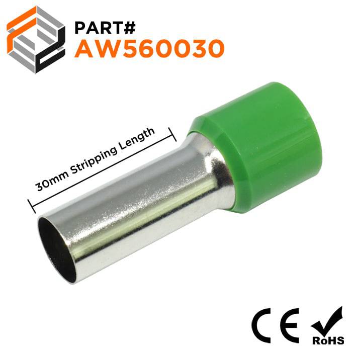 AW560030 - 0 & 1/0 AWG Single Insulated Wire Ferrules, 30mm Pin, Olive Green, 25 Pieces