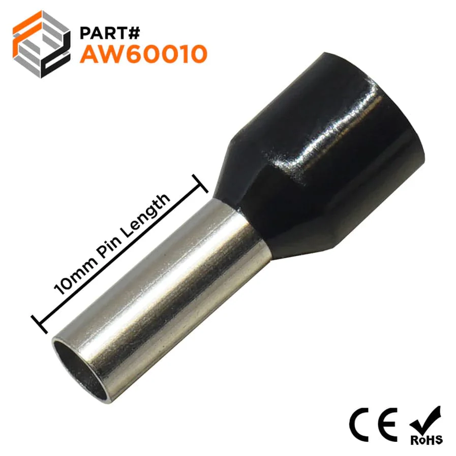 AW60010 - 10 AWG Insulated Wire Ferrules, 10mm Pin, Black, 100 Pieces