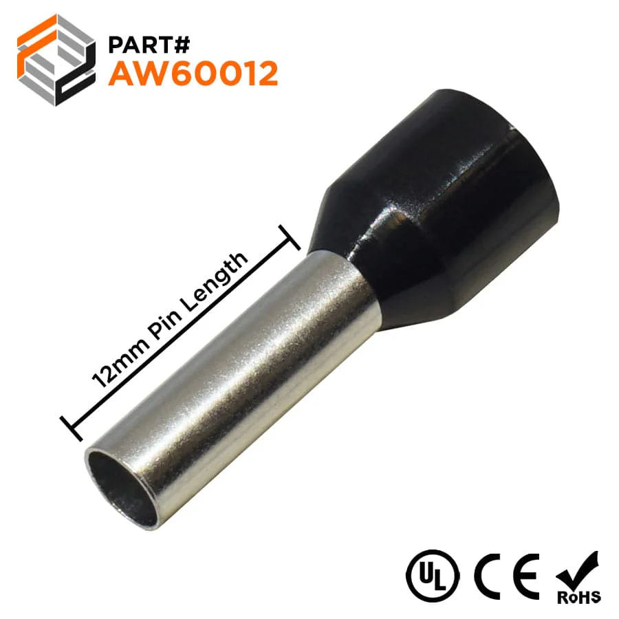 AW60012 - 10 AWG Insulated Wire Ferrules, 12mm Pin, Black, UL Recognized, 100 Pieces