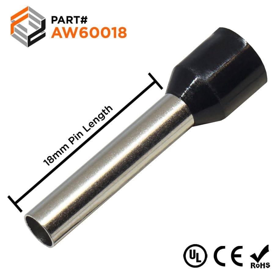 AW60018 - 10 AWG Insulated Wire Ferrules, 18mm Pin, Black, UL Recognized, 100 Pieces
