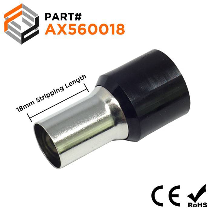 AX560018 - 0 & 1/0 AWG Single Insulated Wire Ferrules, 18mm Pin, Black, 25 Pieces