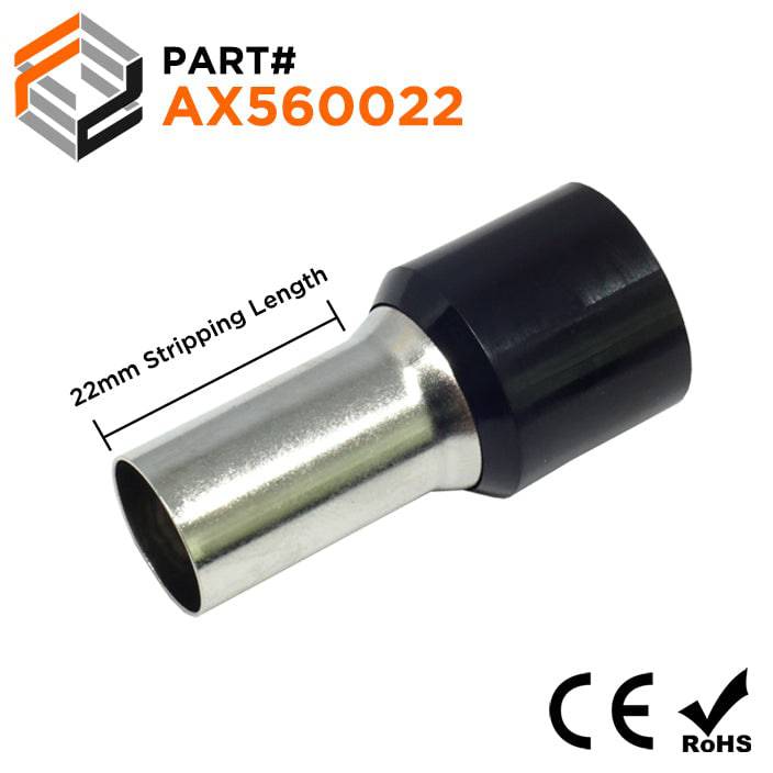 AX560022 - 0 & 1/0 AWG Single Insulated Wire Ferrules, 22mm Pin, Black, 25 Pieces