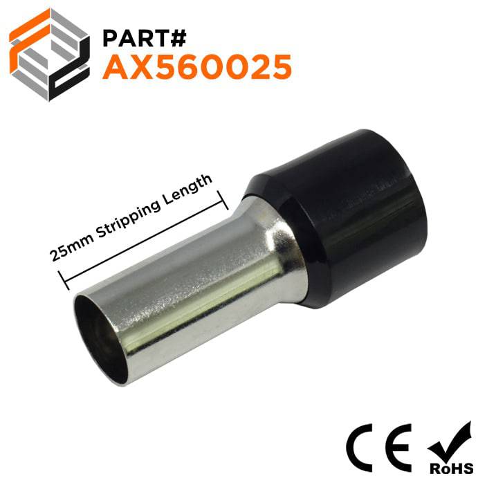 AX560025 - 0 & 1/0 AWG Single Insulated Wire Ferrules, 25mm Pin, Black, 25 Pieces