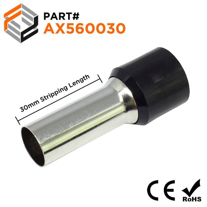 AX560030 - 0 & 1/0 AWG Single Insulated Wire Ferrules, 30mm Pin, Black, 25 Pieces