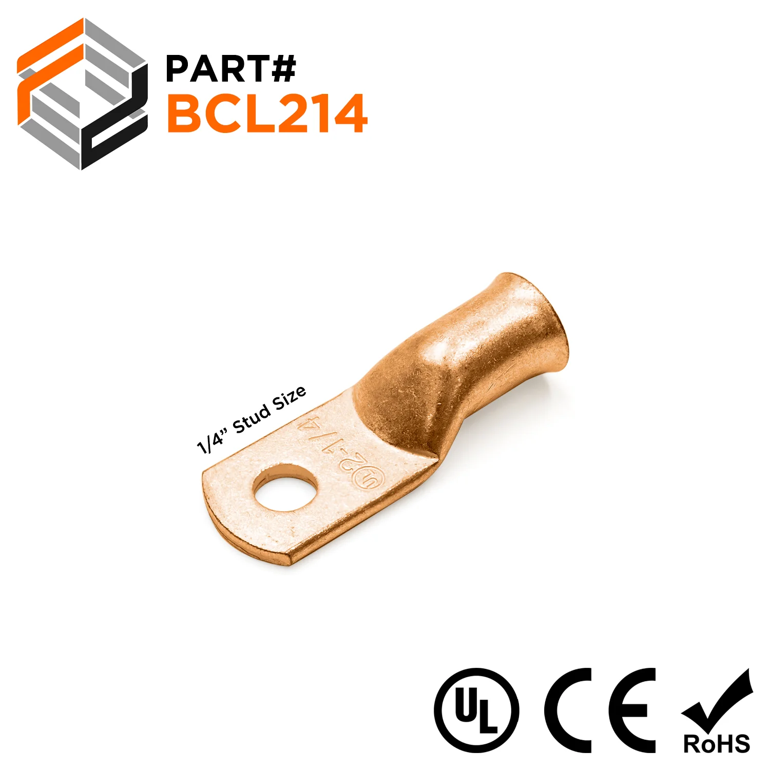 BCL214 - 2 AWG Copper Battery Cable Lugs, Terminal Lugs, 1/4" Stud, 1 Piece