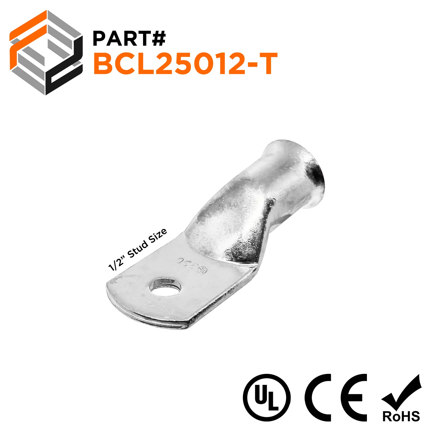 BCL25012-T - 250 MCM Tin Plated Copper Battery Cable Lugs, Terminal Lugs, 1/2" Stud, 1 Piece