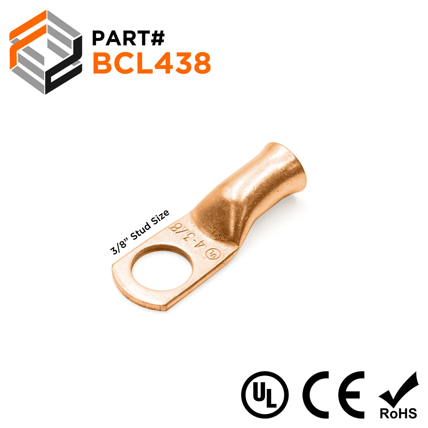 BCL438 - 4 AWG Copper Battery Cable Lugs, Terminal Lugs, 3/8" Stud, 1 Piece