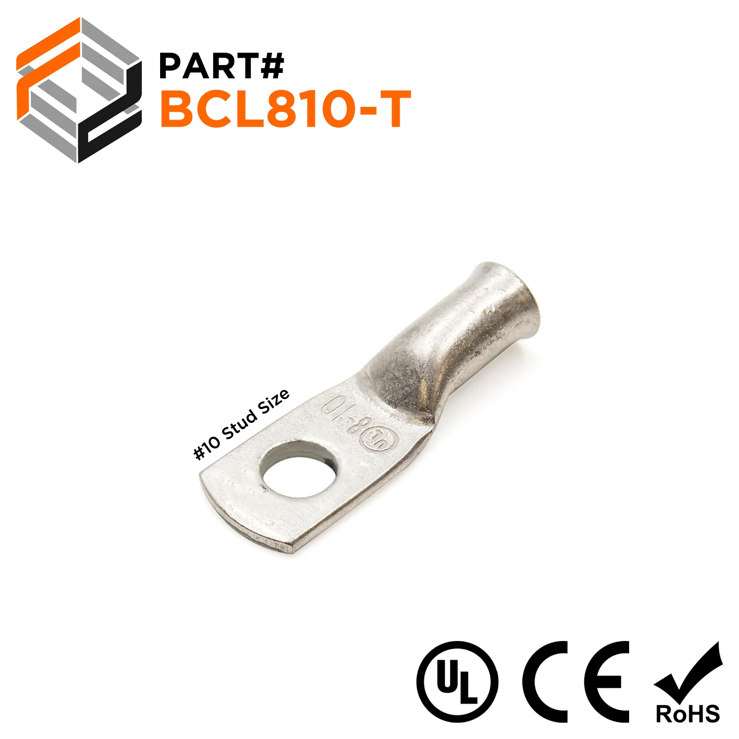 BCL810-T - 8 AWG Tin Plated Copper Battery Cable Lugs, Terminal Lugs, #10 Stud, 1 Piece