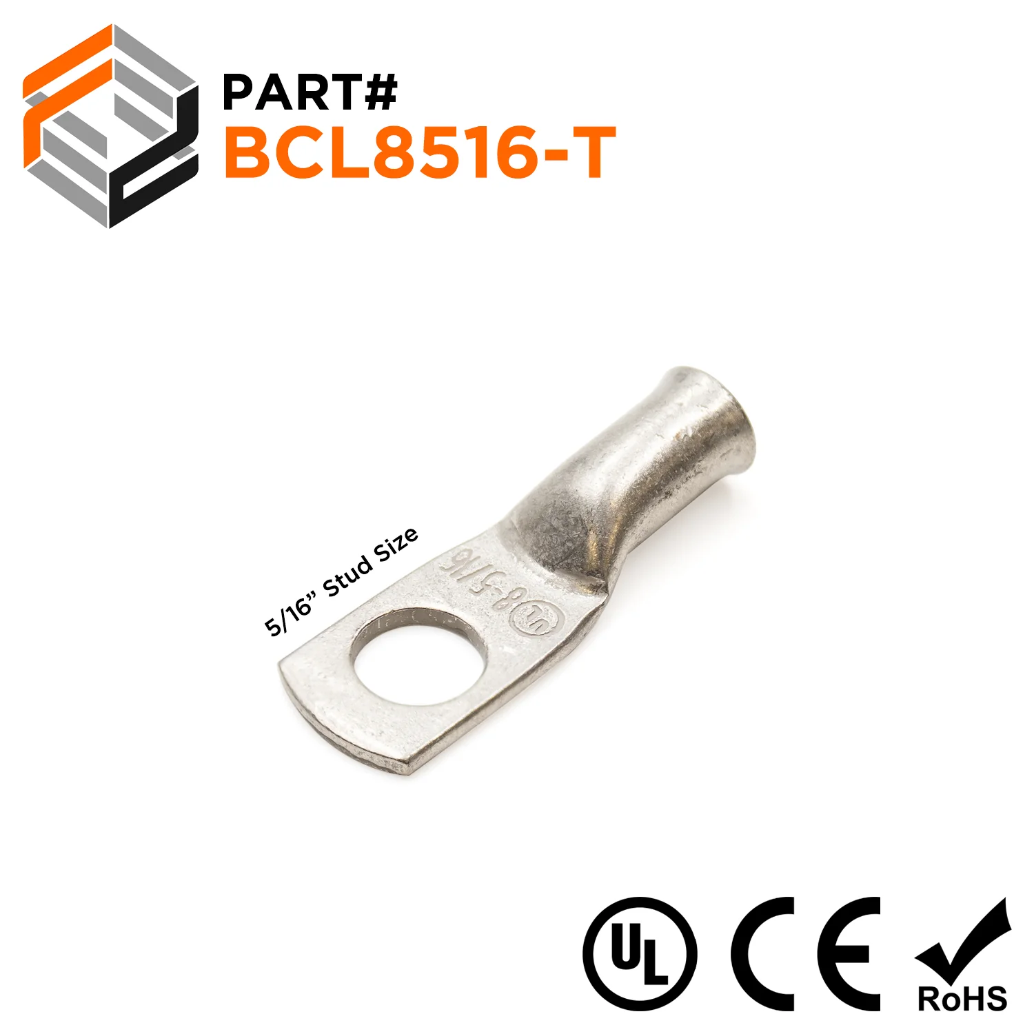 BCL8516-T - 8 AWG Battery Cable Lugs, Tin Plated Copper, Terminal Lugs, 5/16" Stud, 1 Piece