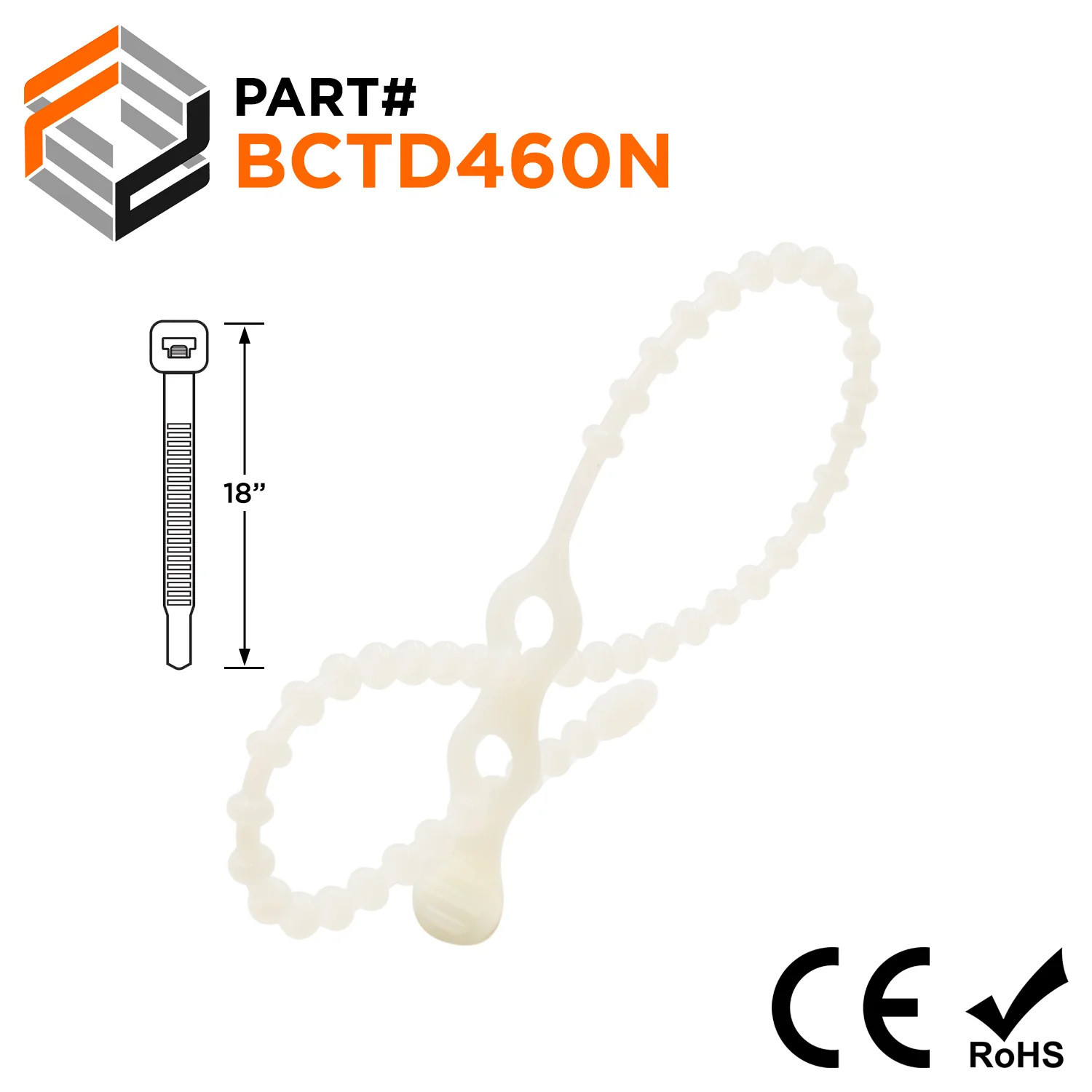 BCTD460N - 18" Heavy Duty Double Loop Beaded Nylon Reusable Cable Ties, 120-lb Tensile Strength, Natural, 100 Pieces