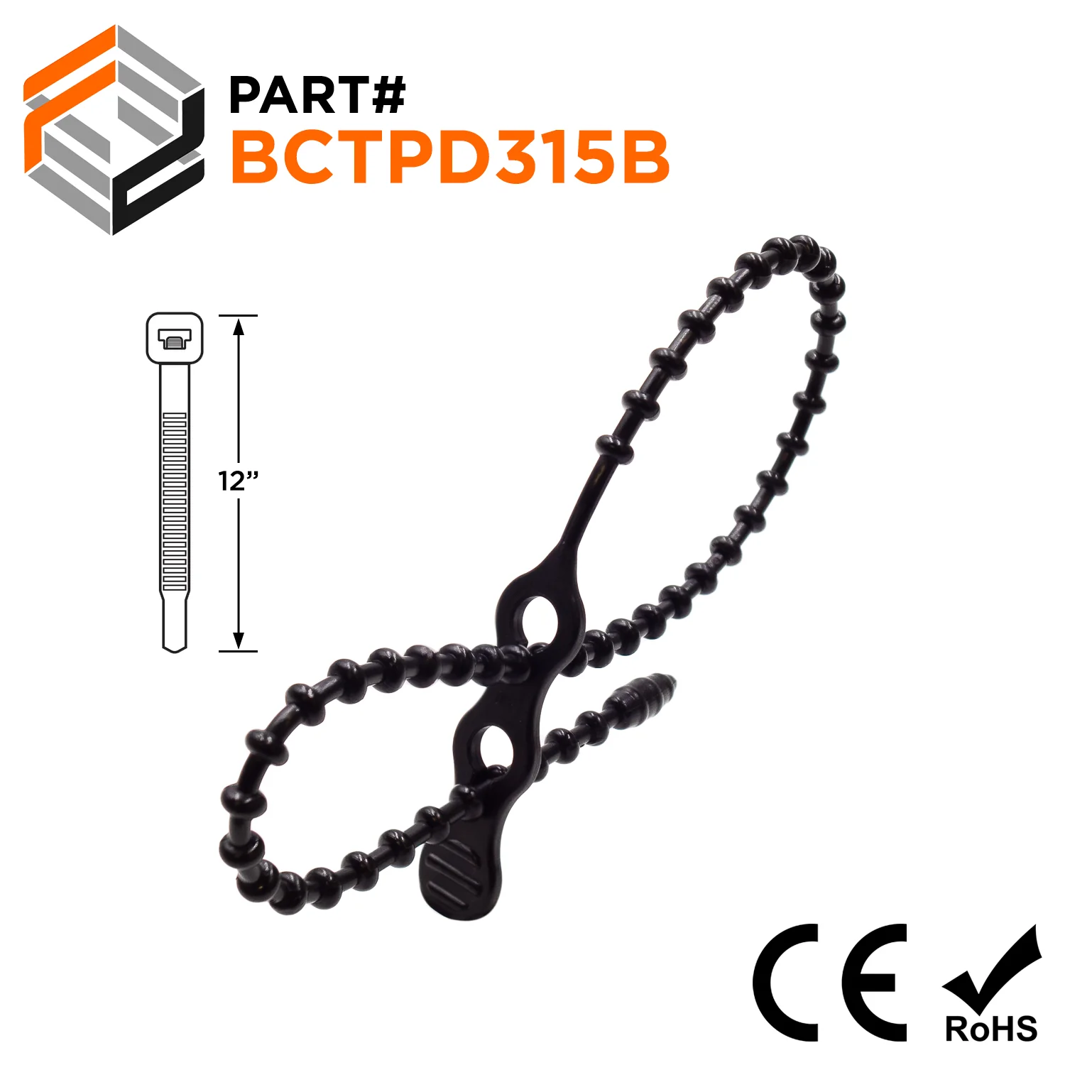 BCTPD315B - 12" Standard Double Loop Beaded Polyethylene Reusable Cable Ties, 35-lb Tensile Strength, Black, UV Resistant, 100-Pack