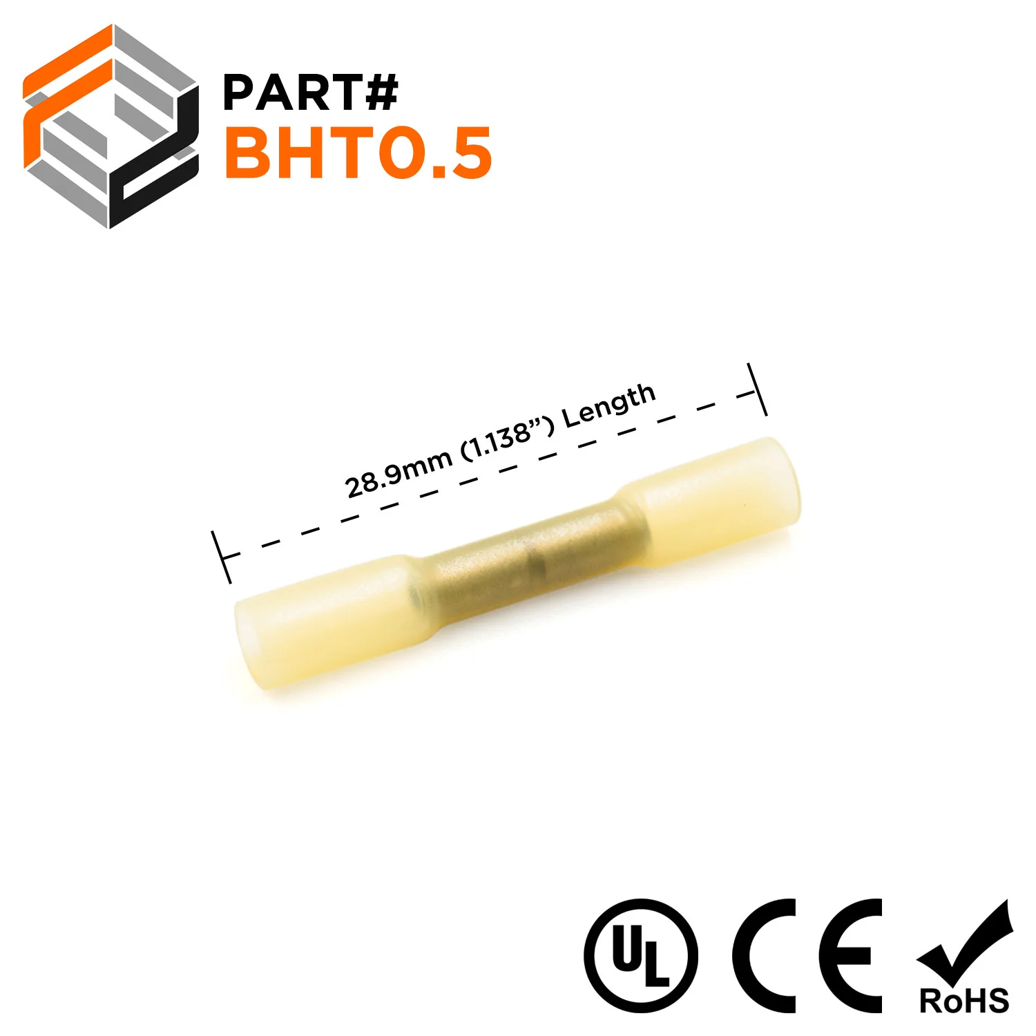 BHT0.5 - 26 to 12 AWG Heat Shrink Butt Connectors, Yellow, Polyethylene, 25 Pieces