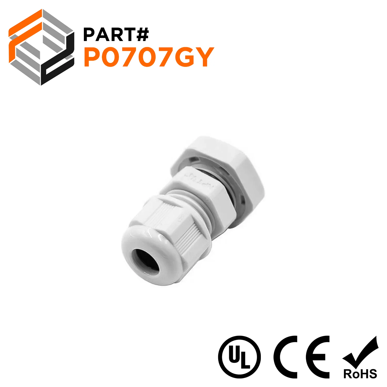 P0707GY - PG7 Thread Nylon Cable Gland, Gray, Range: 1/8" to 1/4", UL Listed, IP68, IP69K - 1 Piece