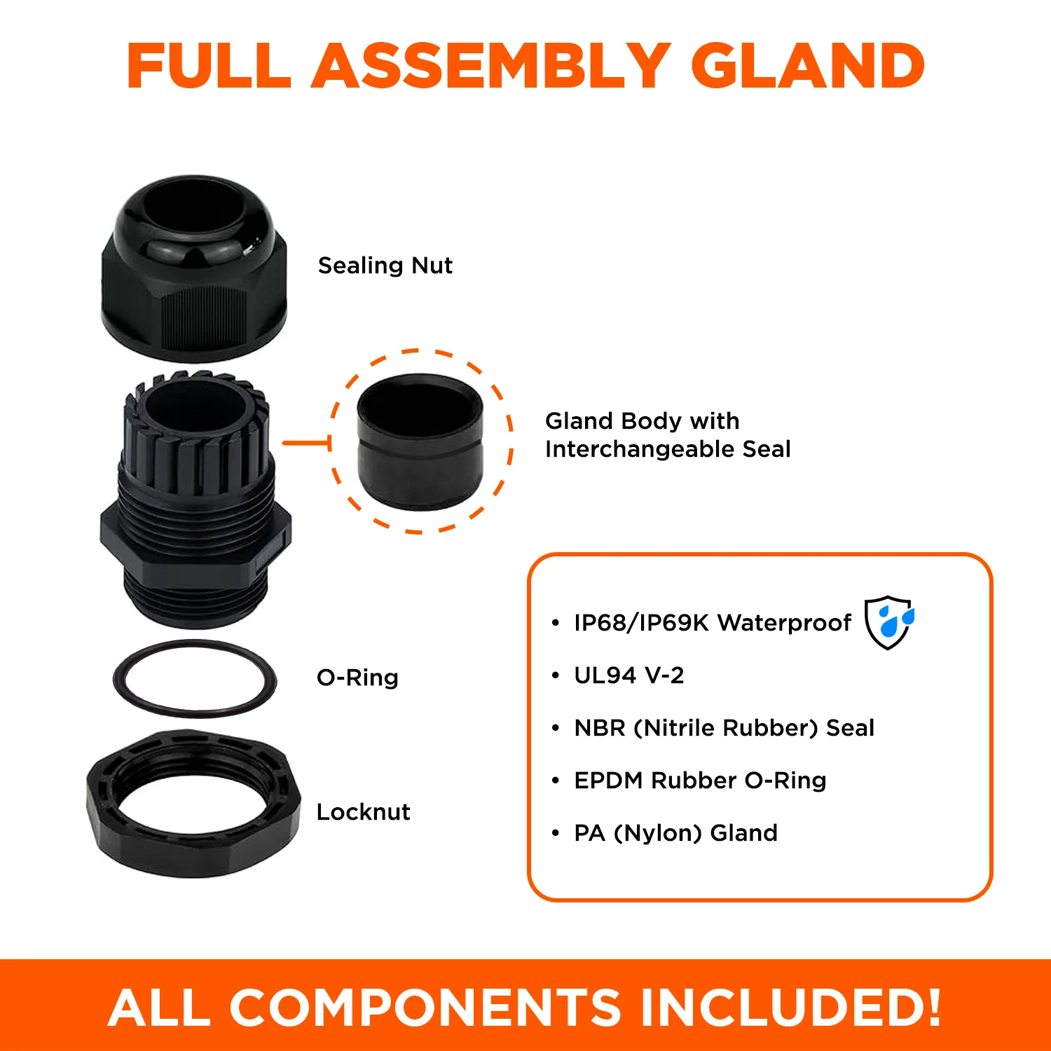 M1608B - M16 x 1.5mm Metric Thread Nylon Cable Gland, Black, Range: 3/16" to 5/16", UL Listed, IP68, IP69K - 1 Piece - Image 3