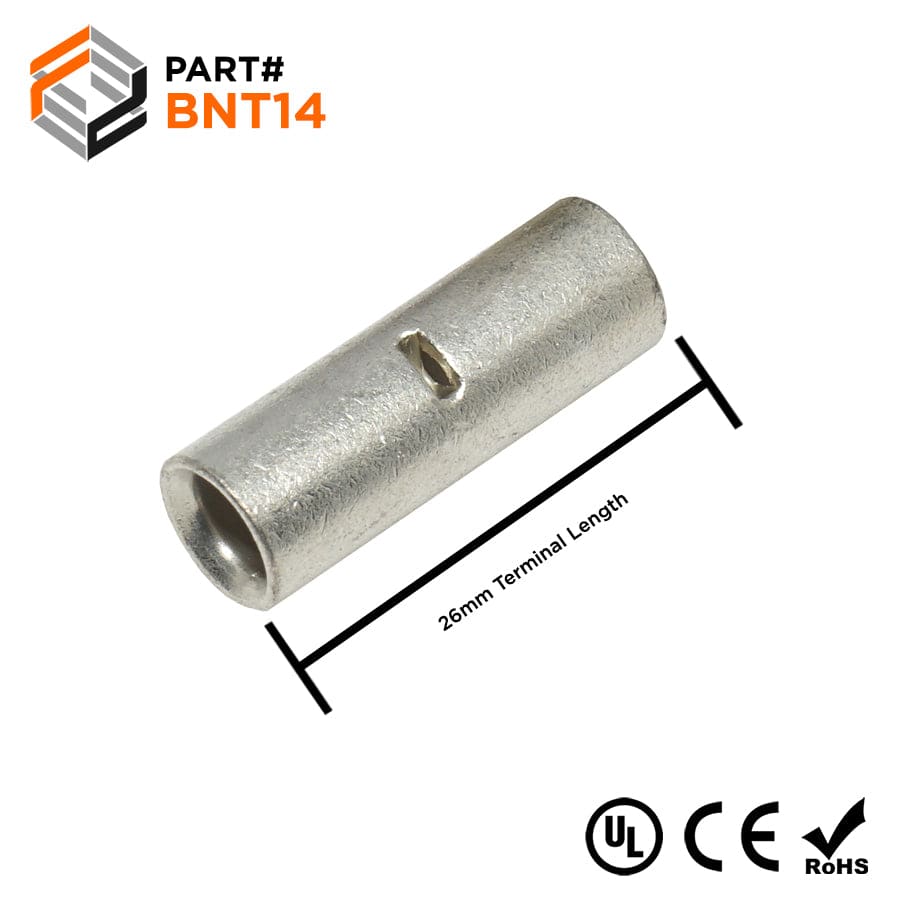 BNT14 - 6 AWG Non Insulated Butt Splice Connectors, 1" Length, UL Approved, 25 Pieces