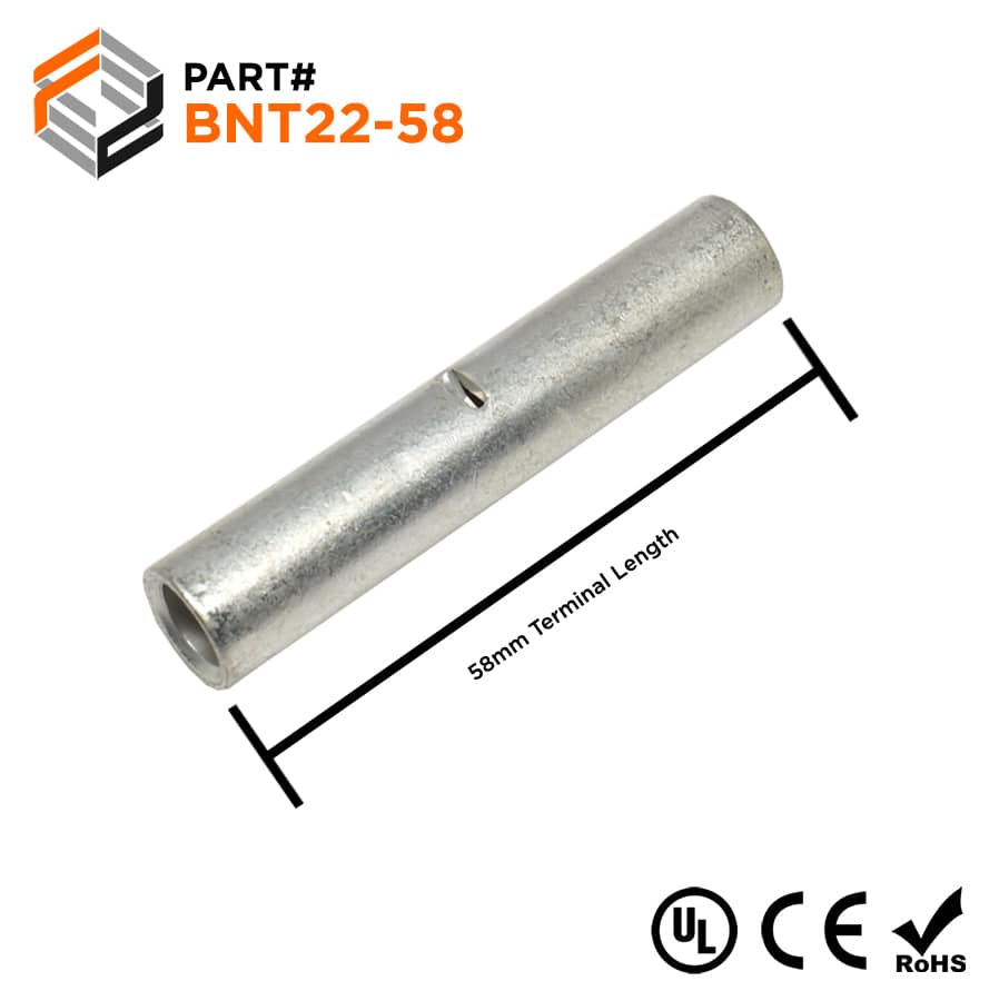 4 AWG Non Insulated Butt Splice Connectors, 2 1/4" Length, UL Approved, 10 Pieces - BNT22-58