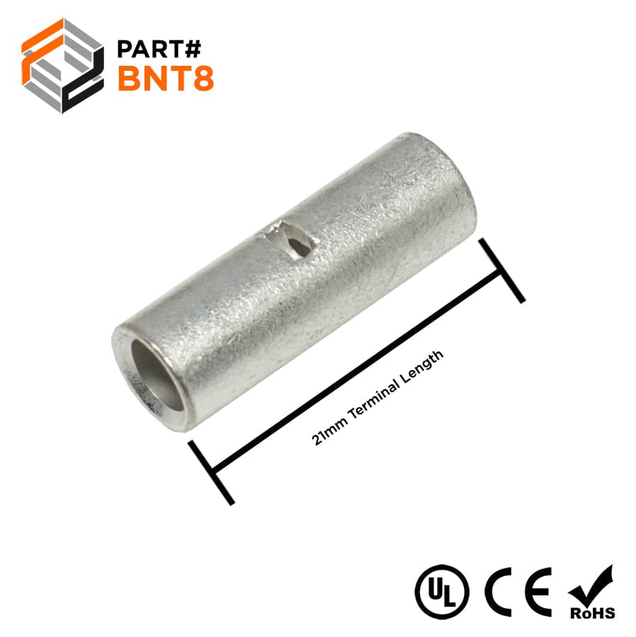 8 AWG Non Insulated Butt Splice Connectors, 13/16" Length, UL Approved, 25 Pieces - BNT8