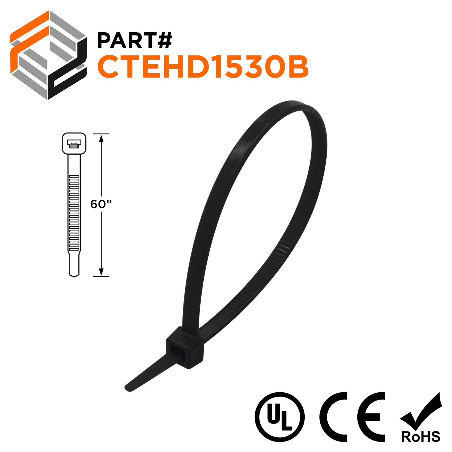 CTEHD1530B - 60" Extra Heavy Duty Cable Ties, 175-lb Tensile Strength, Black, UV Resistant, 100-Pack