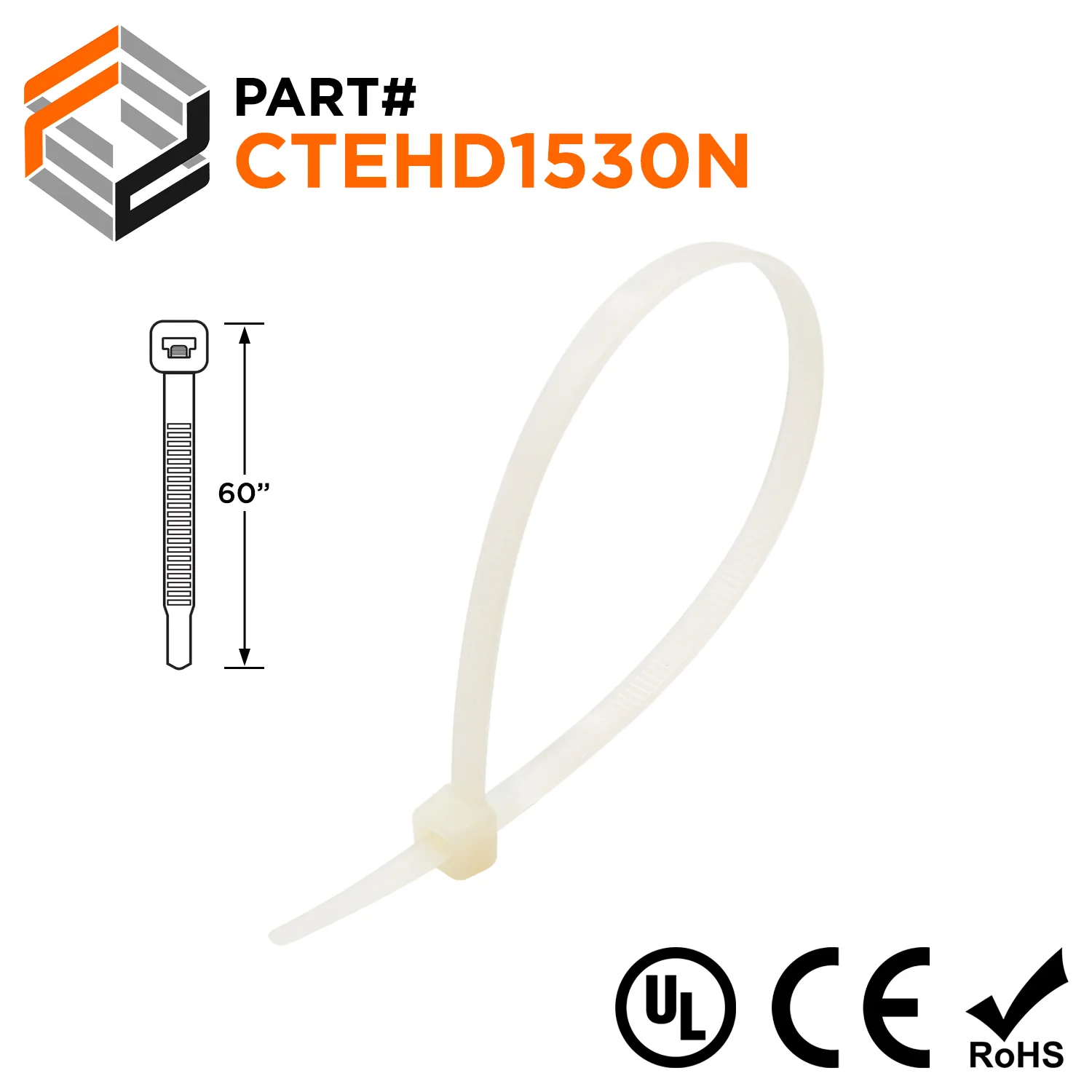 CTEHD1530N - 60" Extra Heavy Duty Cable Ties, 175-lb Tensile Strength, Natural, 100-Pack