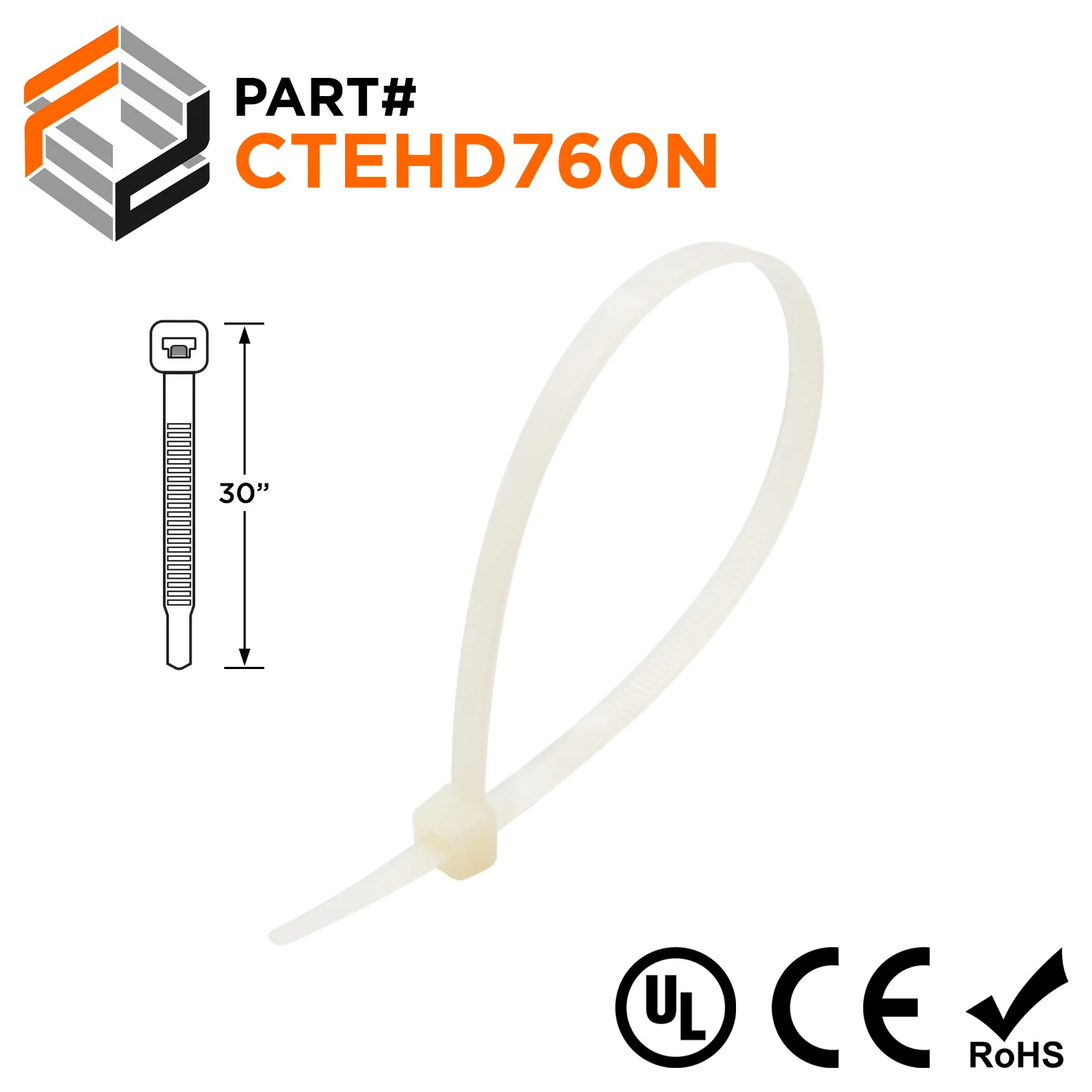CTEHD760N - 30" Extra Heavy Duty Cable Ties, 175-lb Tensile Strength, Natural, 100-Pack