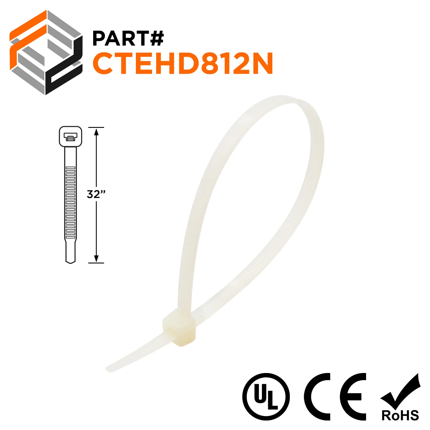 CTEHD812N - 32" Extra Heavy Duty Cable Ties, 175-lb Tensile Strength, Natural, 100-Pack