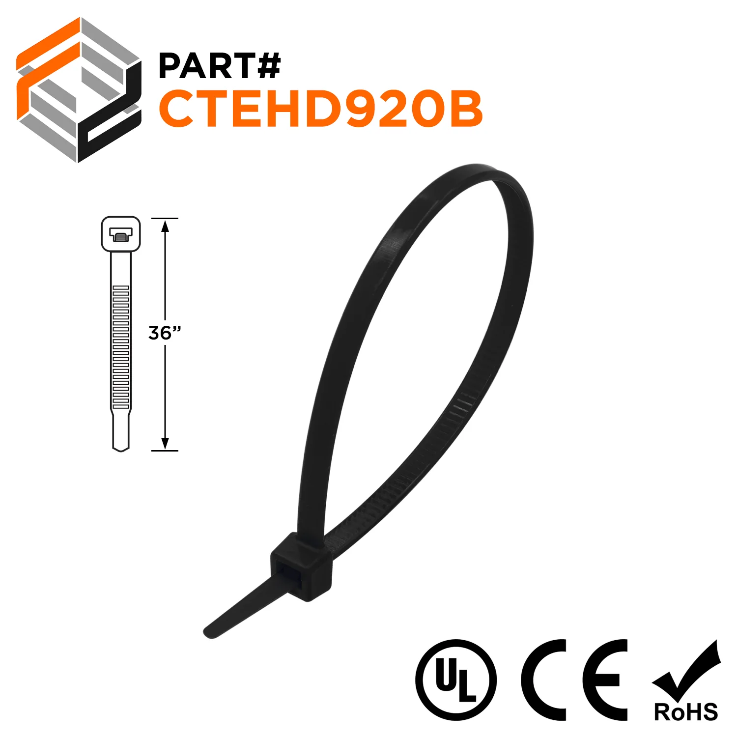 CTEHD920B - 36" Extra Heavy Duty Cable Ties, 175-lb Tensile Strength, Black, UV Resistant, 100-Pack