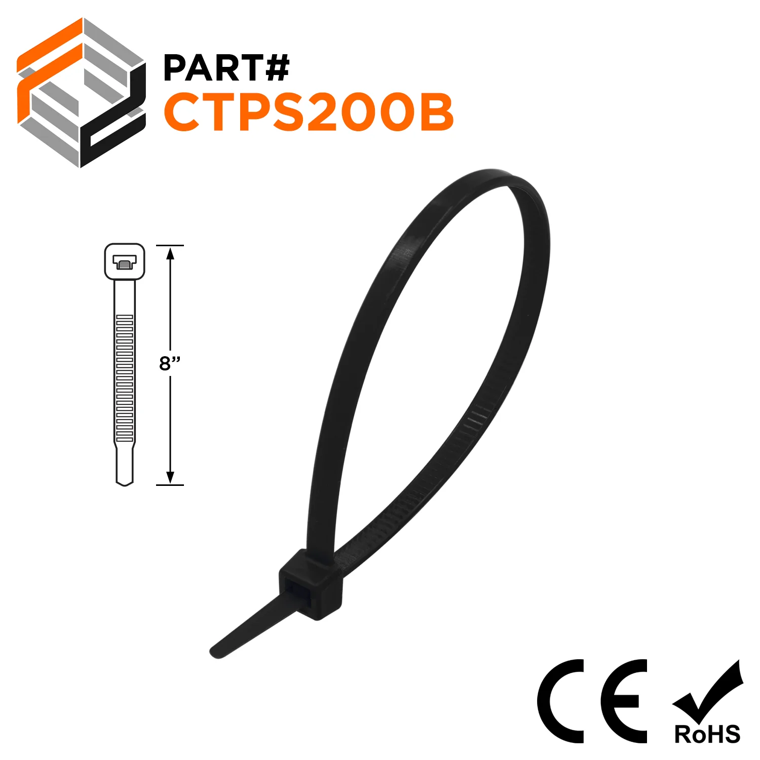 CTPS200B - 8" Polypropylene Standard Cable Ties, 30-lb Tensile Strength, Black, 100-Pack