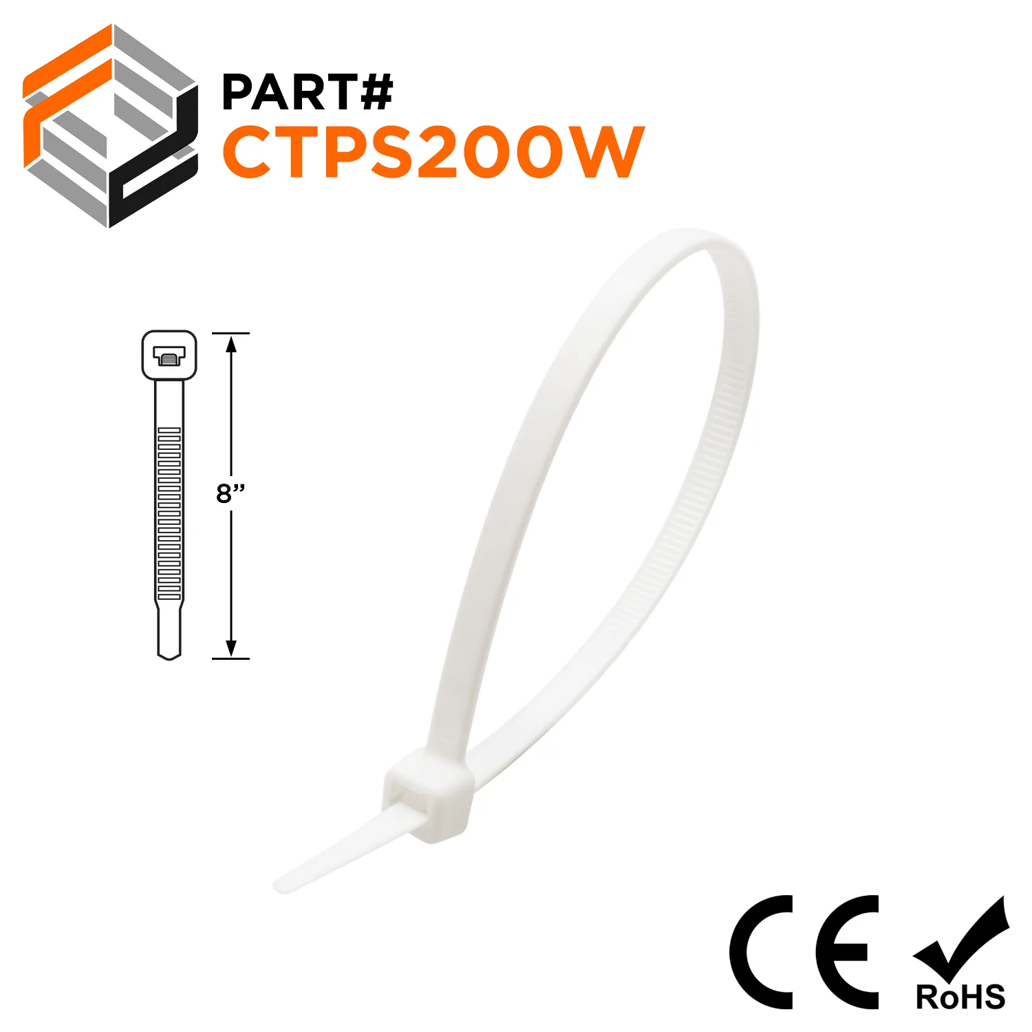 CTPS200W - 8" Polypropylene Standard Cable Ties, 30-lb Tensile Strength, White, 100-Pack