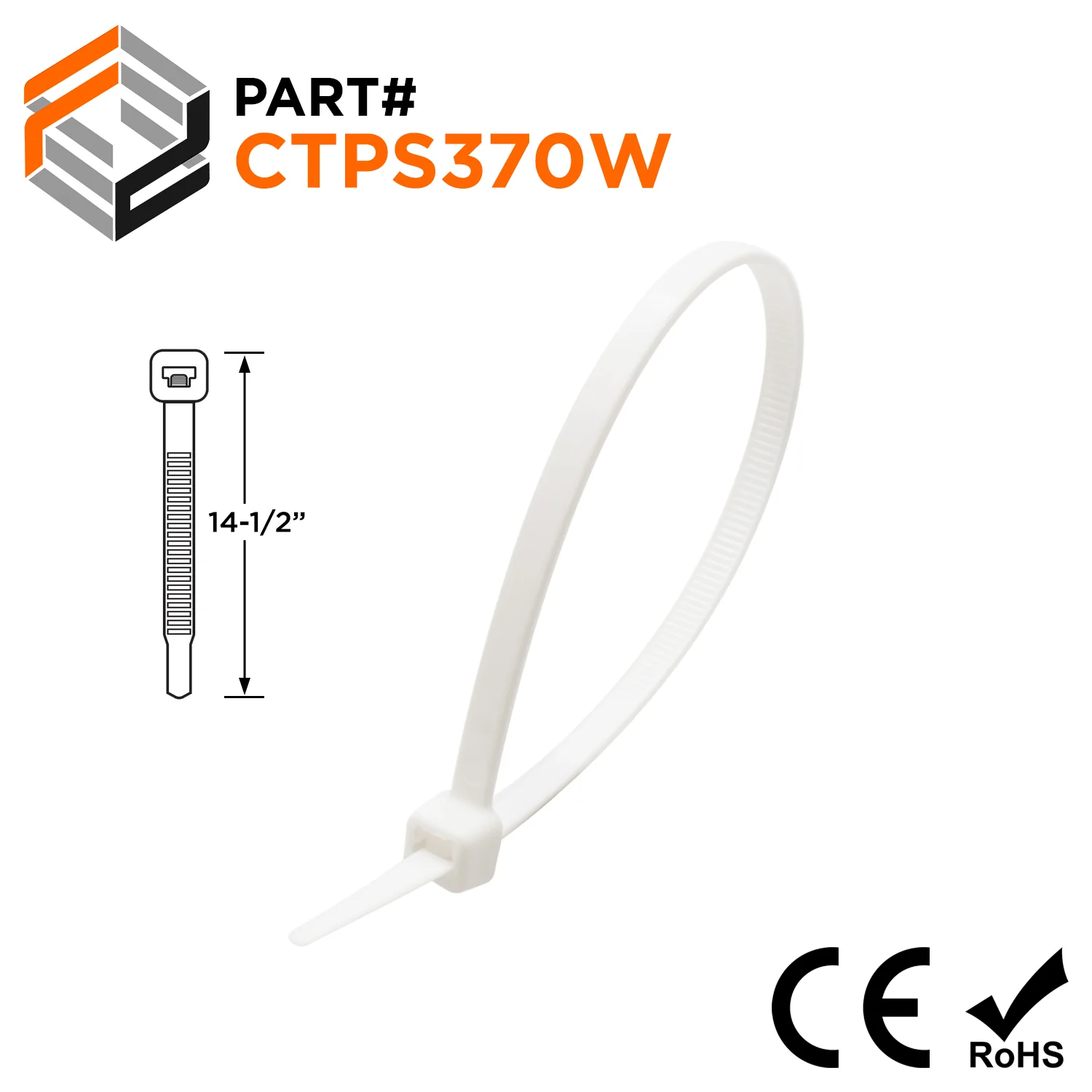 CTPS370W - 14-1/2" Polypropylene Standard Cable Ties, 30-lb Tensile Strength, White, 100-Pack