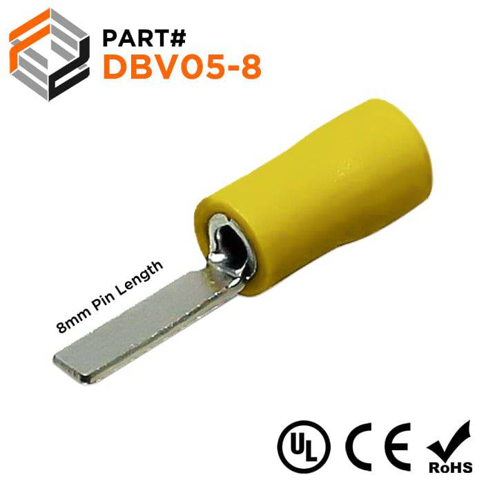 26 to 22 AWG Vinyl Insulated Flat Blade Terminals, Butted Seam, UL Approved, 100 Pieces - DBV05-8