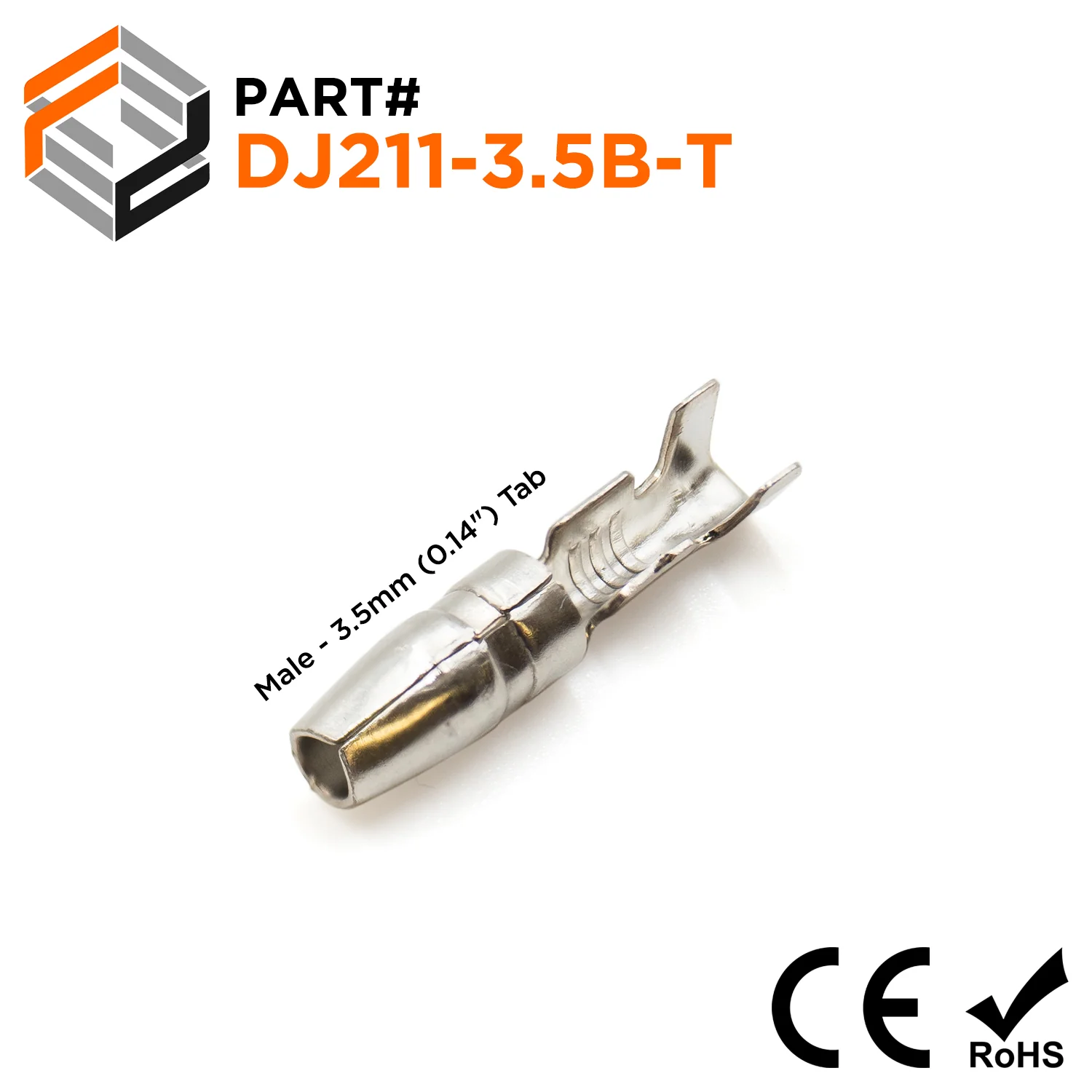 DJ211-3.5B-T - 18 to 16 AWG Open Barrel Bullet Connectors, Male, Tin Plated Brass, 0.14" Tab, 100 Pieces