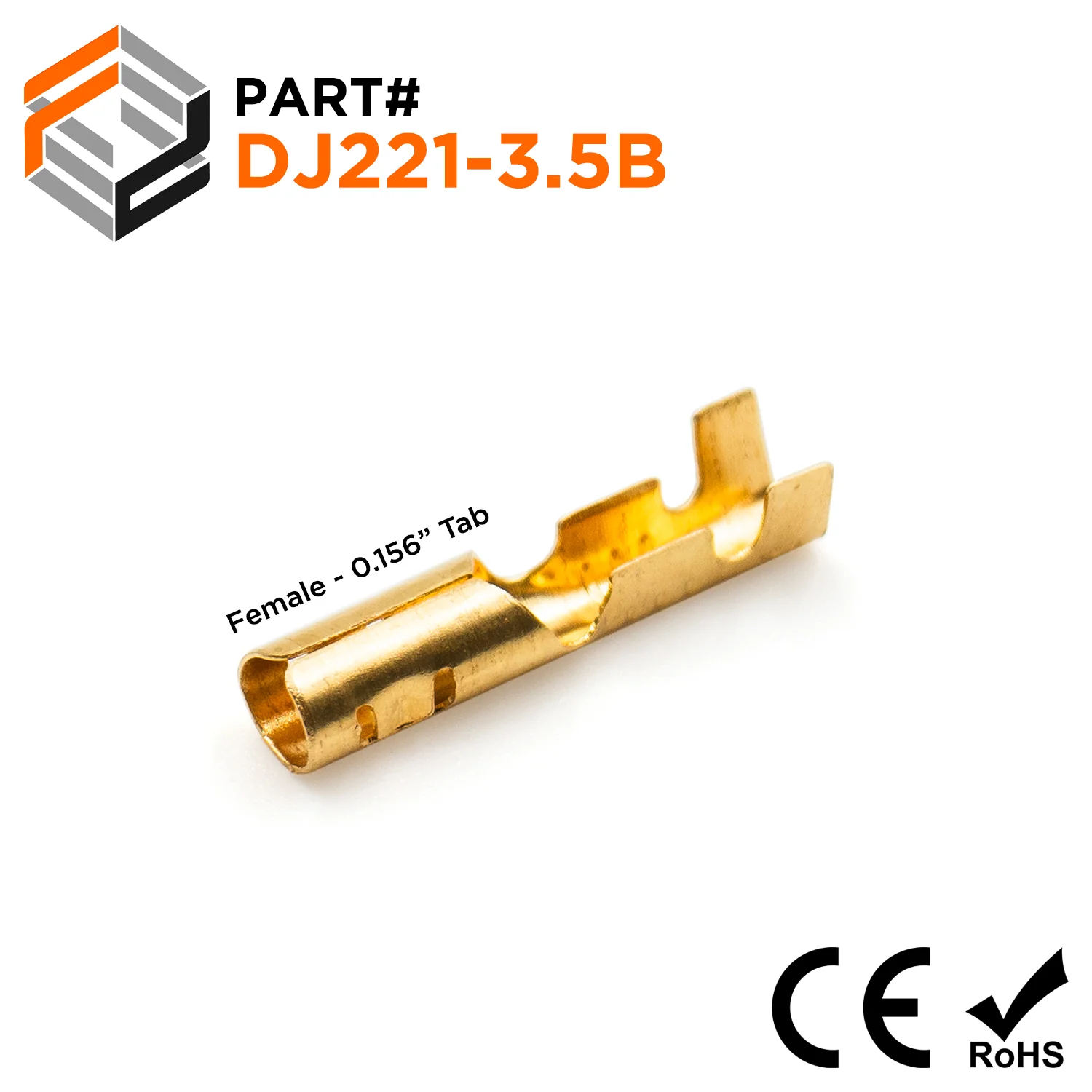 DJ221-3.5B - 18 to 16 AWG Bullet Connectors, Female, Brass, Open Barrel, 0.156" Tab, 100 Pieces