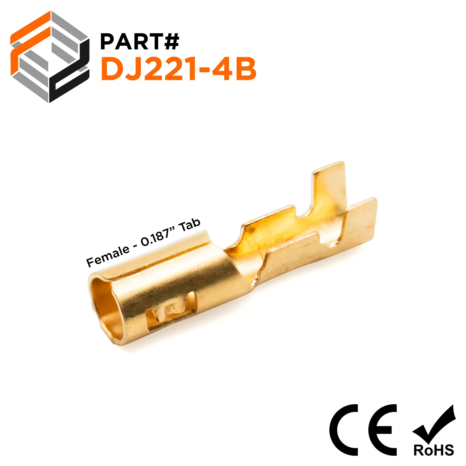 DJ221-4B - 18 to 16 AWG Bullet Connectors, Female, Brass, Open Barrel, 0.187" Tab, 100 Pieces