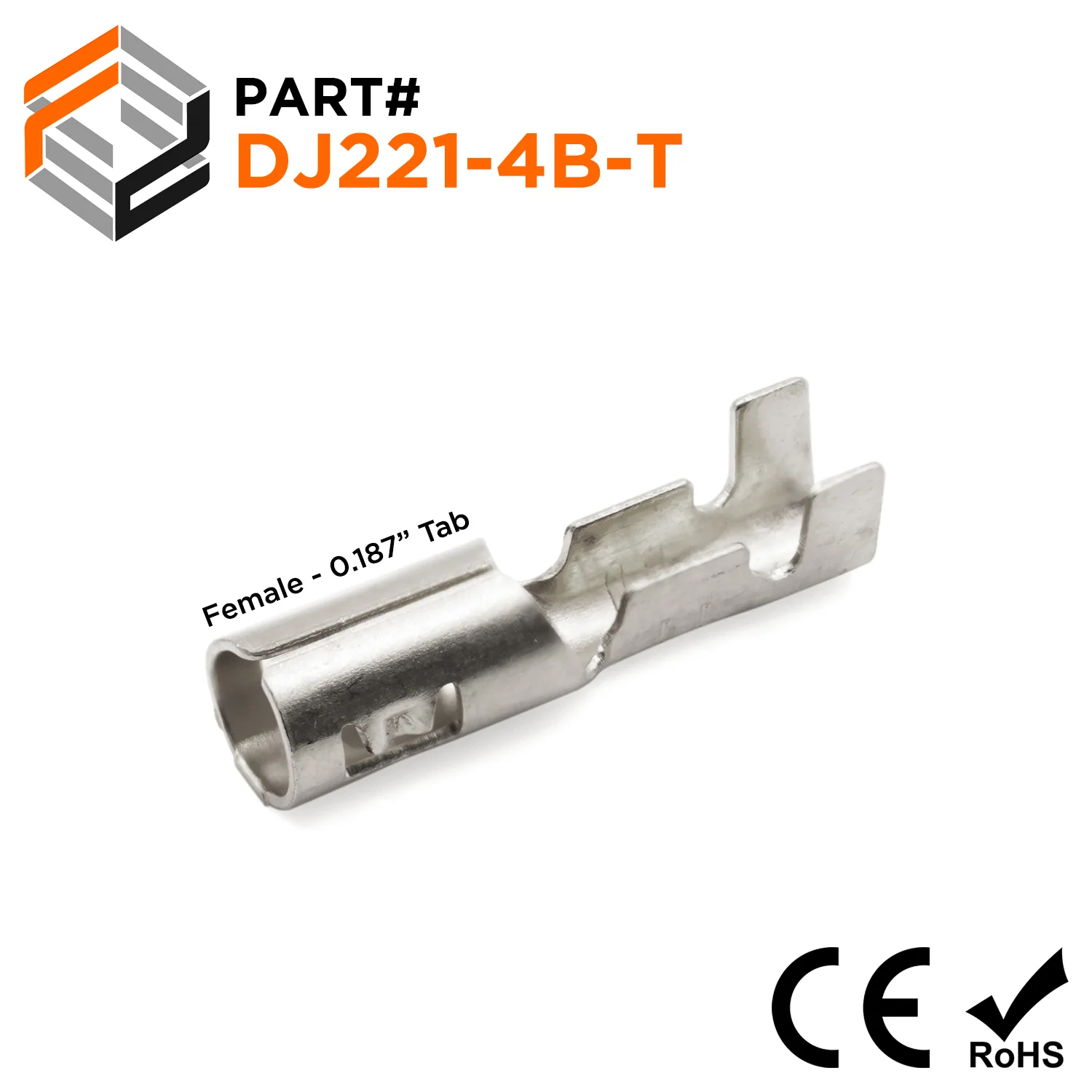 DJ221-4B-T - 18 to 16 AWG Open Barrel Bullet Connectors, Female, Tin Plated Brass, 0.187" Tab, 100 Pieces
