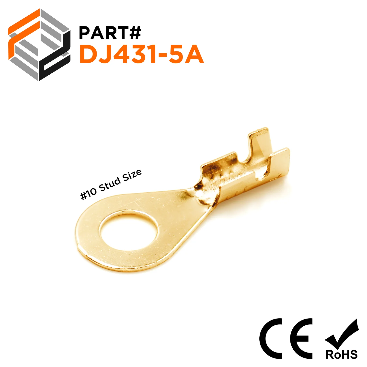 DJ431-5A - 22 to 20 AWG Ring Terminals, #10 Stud, Brass, Open Barrel, 100 Pieces