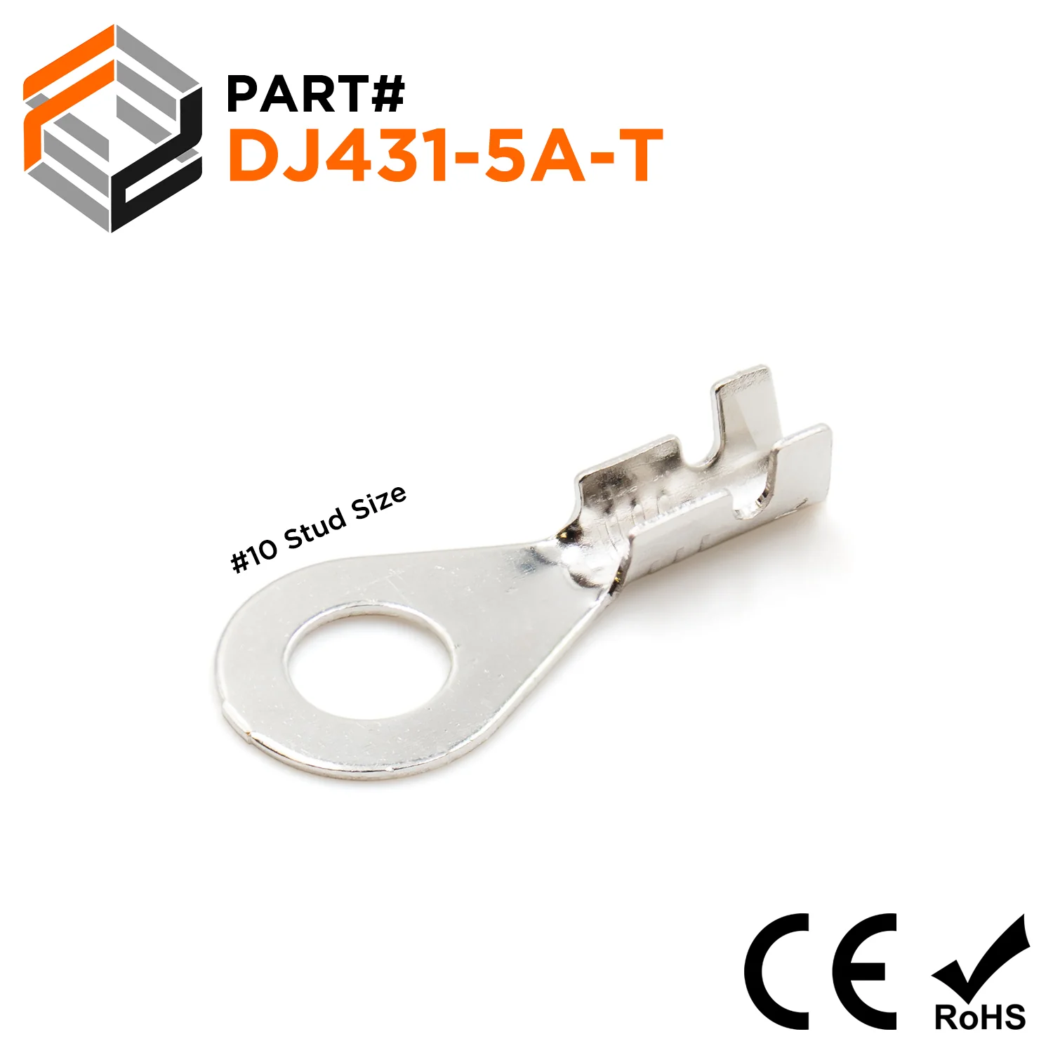 DJ431-5A-T - 22 to 20 AWG Ring Terminals, #10 Stud, Tin Plated Brass, Open Barrel, 100 Pieces