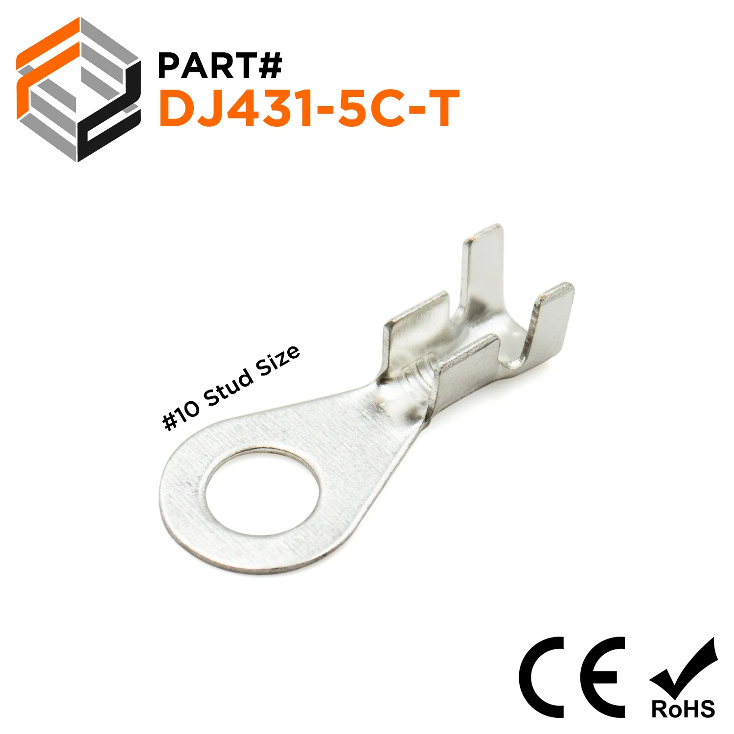 DJ431-5C-T - 16 to 14 AWG Ring Terminals, #10 Stud, Tin Plated Brass, Open Barrel, 100 Pieces