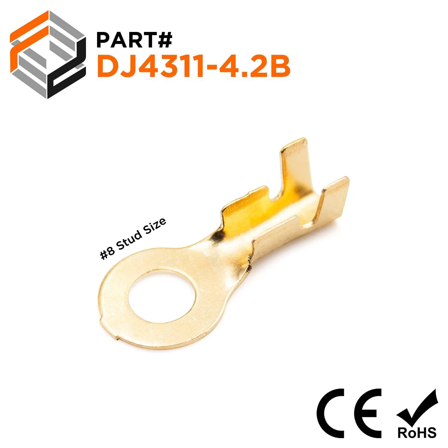 DJ4311-4.2B - 18 to 16 AWG Ring Terminals, #8 Stud, Brass, Open Barrel, 100 Pieces