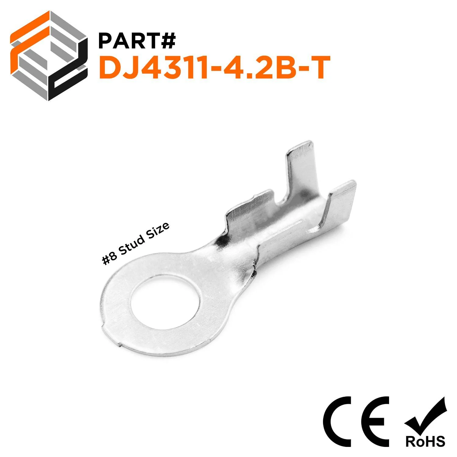 DJ4311-4.2B-T - 18 to 16 AWG Ring Terminals, #8 Stud, Tin Plated Brass, Open Barrel, 100 Pieces
