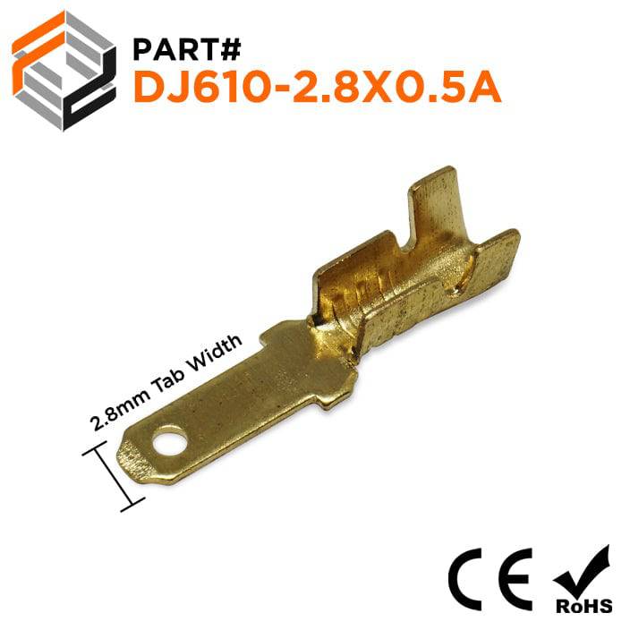 DJ610-2.8X0.5 - 22 to 16 AWG Male Open Barrel Quick Disconnects, No Locking Tab, 100 Pieces