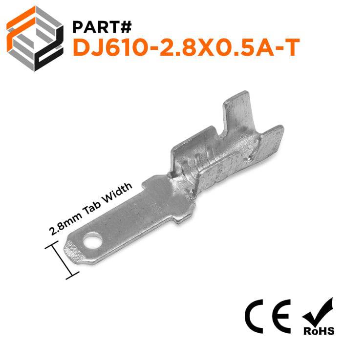 DJ610-2.8X0.5T - 22 to 16 AWG Tin Plated Male Open Barrel Quick Disconnects, No Locking Tab, 100 Pieces